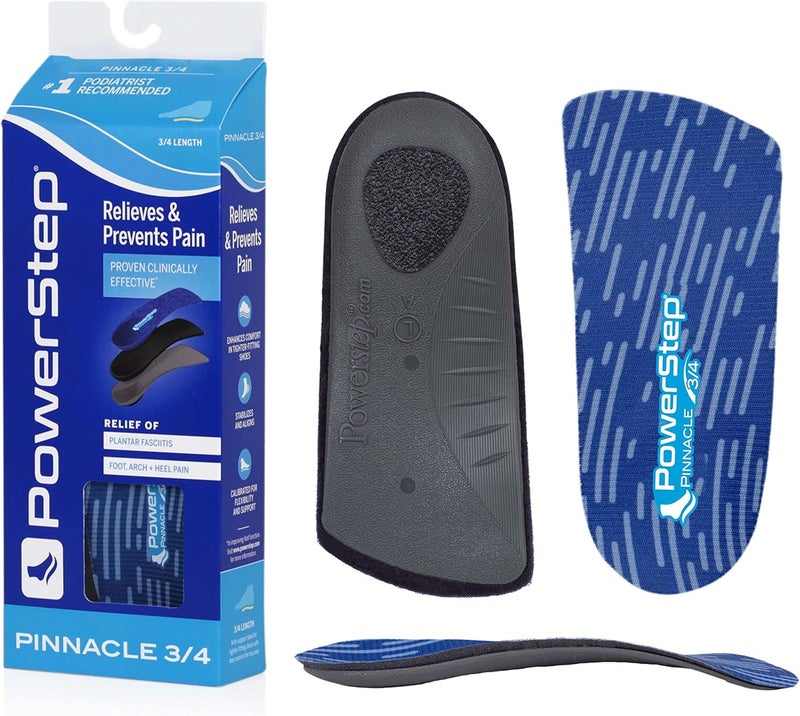 Powerstep Insoles, Pinnacle 3/4 Thin, Arch Pain Relief Insole, For Tight Shoes, Arch Support Orthotic For Women and Men
