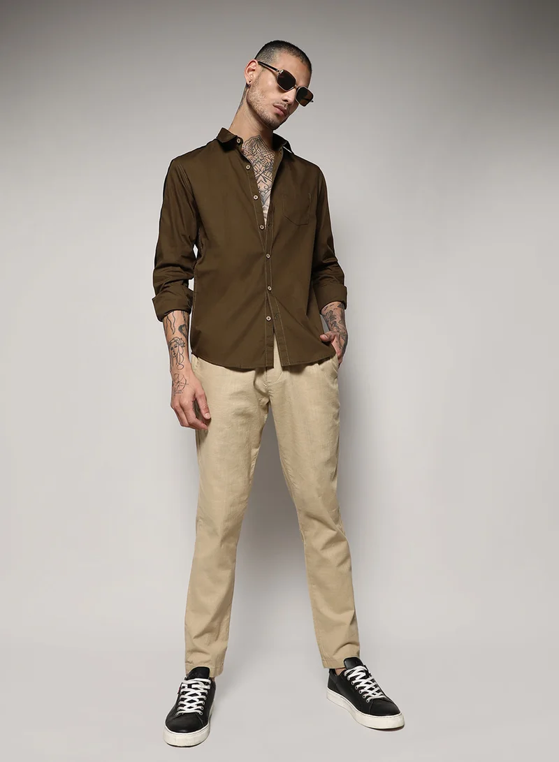 كامبوس سوترا Men's Olive Green Side Striped Shirt