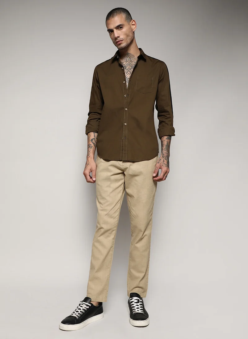 كامبوس سوترا Men's Olive Green Side Striped Shirt
