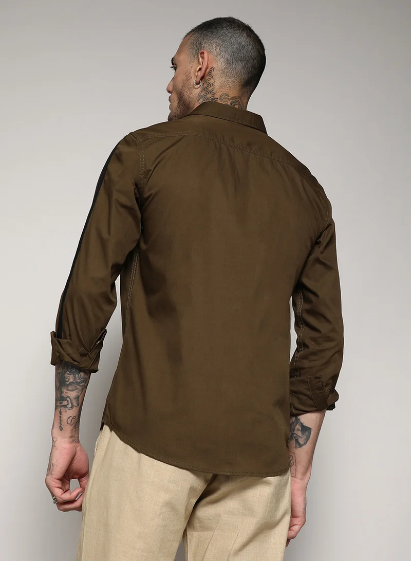 كامبوس سوترا Men's Olive Green Side Striped Shirt
