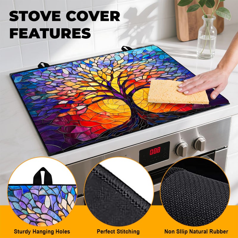 BVBOX Stove Top Cover Retro Flower Gas Stove Top Cover for Home Decoration Kitchen Pad Non-Stick Washable Cooktop Covers Countertop Protector Keep Stove Clean 28"x20" (Tree of Life-2) - Image 2