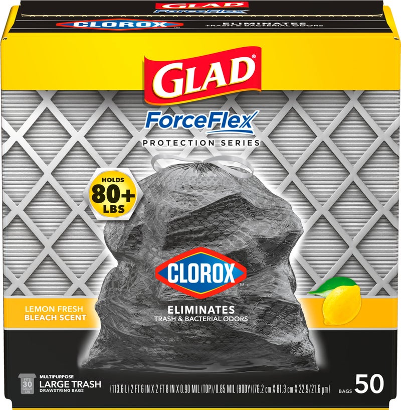 Glad Large 30 Gallon Trash Bags, Lemon Fresh Bleach Heavy Duty Garbage Bags, Forceflex with Drawstring, 50 Count (Packaging May Vary) - Image 1