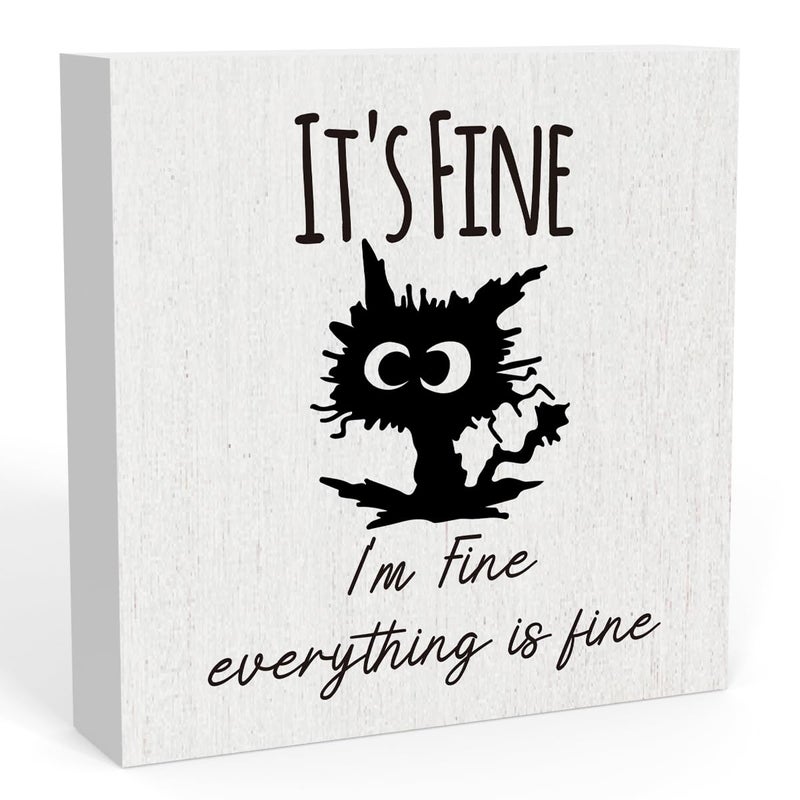 WRSUNT It's Fine I'M Fine Everything is Fine Sign  Black Cat Desk Decor  Funny Cat Office Desk Decorations for Home Tabletop Shelf  Cat Lover Gift for Women Men 5 X 5 in - Image 1