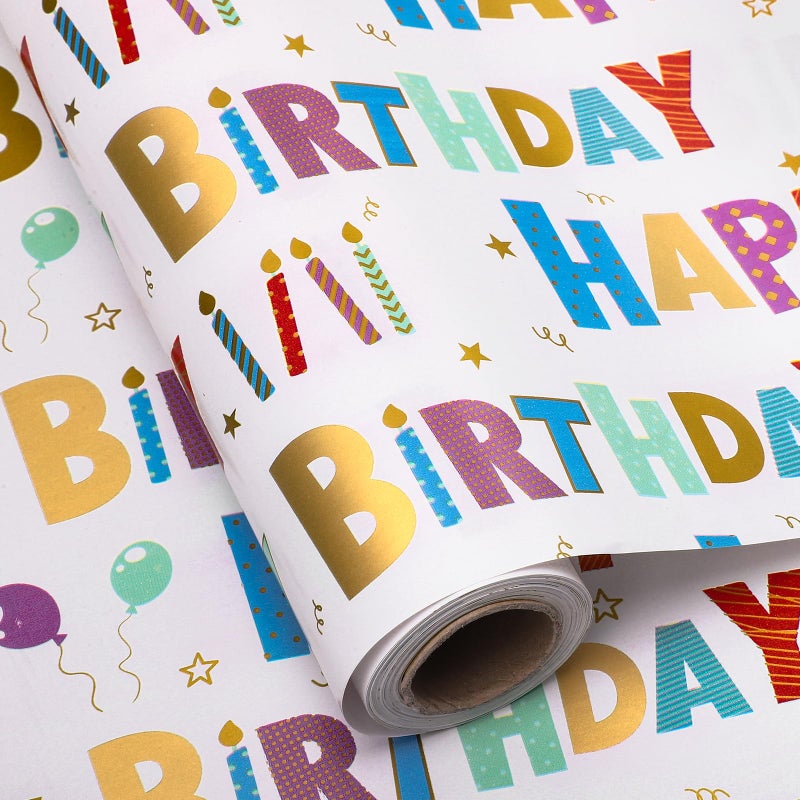 woric Birthday Wrapping Paper Roll 17 Inch x 33 Feet Colorful Foil Happy Birthday Lettering Candles Gift Wrapping Paper for Baby Shower Holiday Party - Image 2