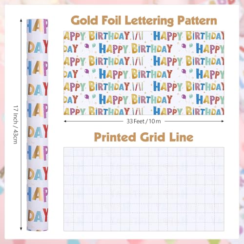woric Birthday Wrapping Paper Roll 17 Inch x 33 Feet Colorful Foil Happy Birthday Lettering Candles Gift Wrapping Paper for Baby Shower Holiday Party - Image 3