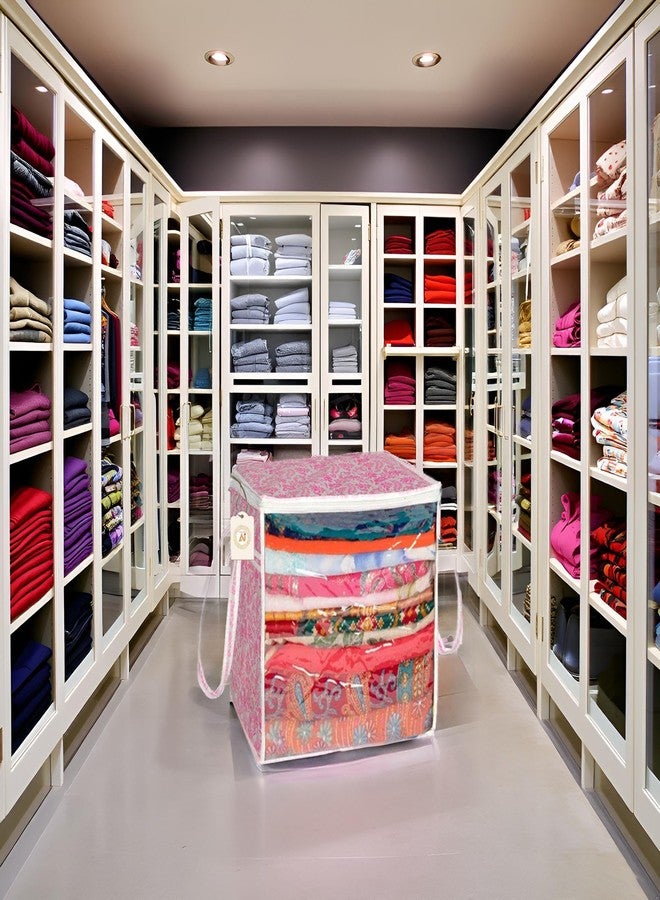 SHAPING FABRIC Pink Floral Fabric Saree Storage Bag with Transparent Front & Zipper Closure - Pack of 01 SF-SBB-1303 - Image 1