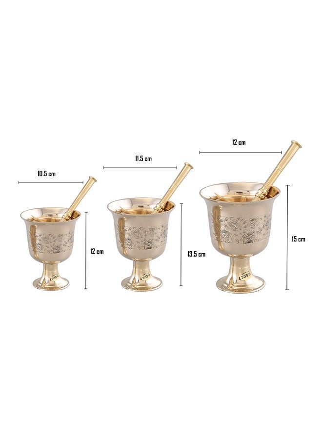 Majestic Brass Hawan Dasta Mortar and Pestle Set of 3 with Laser Design – Dia 10.5 cm, 11.5 cm, 12.5 cm & Height 12 cm, 13.5 cm, 15 cm – Handcrafted Durable Design for Grinding Spices, Herbs, Spiritual Rituals, and Kitchen Use - Image 4