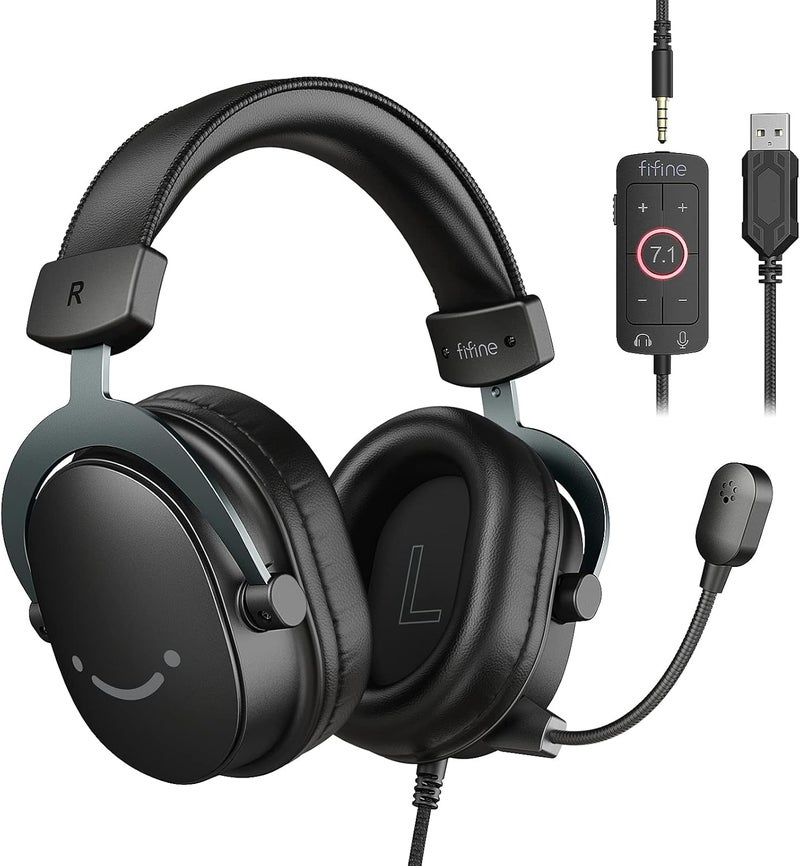 FIFINE PC Gaming Headset, USB Headset with 7.1 Surround Sound, Detachable Microphone, Control Box, 3.5mm Headphones Jack, Over-Ear Wired Headphones for PS5/Xbox/Switch, Black-AmpliGame H9 - Image 1