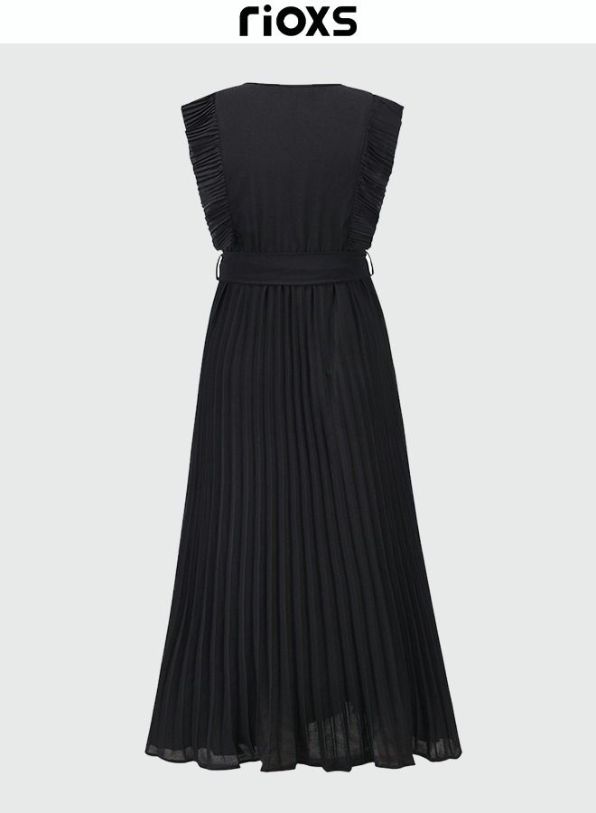 RIOXS Women's Elegant High Waist Maxi Dress, V-neck Pleated Dress, Ruched Wrap Summer Long Dress with Belt, Stylish Exquisite Evening Prom Dress, Perfect for Both Casual and Formal Occasions  - Image 5