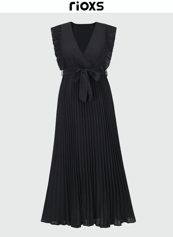 RIOXS Women's Elegant High Waist Maxi Dress, V-neck Pleated Dress, Ruched Wrap Summer Long Dress with Belt, Stylish Exquisite Evening Prom Dress, Perfect for Both Casual and Formal Occasions  - Image 4