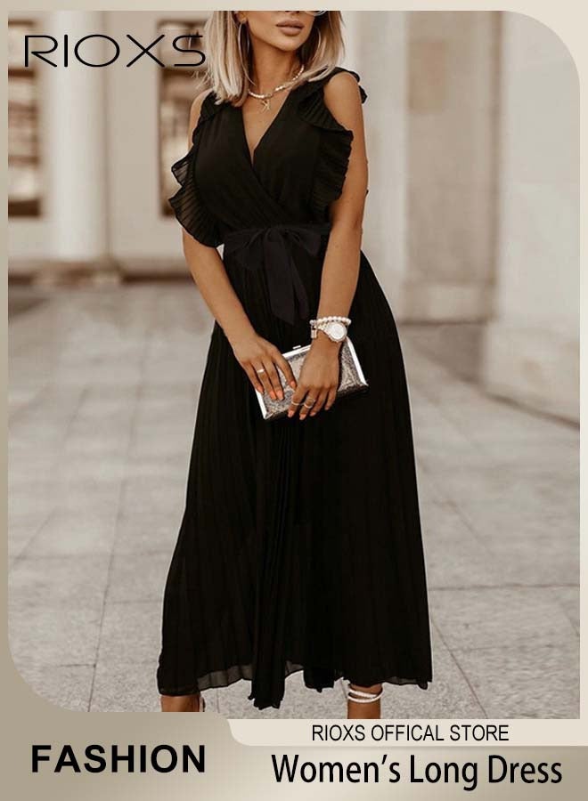 RIOXS Women's Elegant High Waist Maxi Dress, V-neck Pleated Dress, Ruched Wrap Summer Long Dress with Belt, Stylish Exquisite Evening Prom Dress, Perfect for Both Casual and Formal Occasions  - Image 1