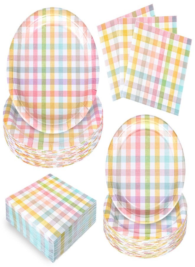 FYSUIMU 72 Pcs Easter Buffalo Plaid Tableware Set Retro Colorful Checkered Disposable Dinnerware Pastel Gingham Paper Plates and Napkins for 24 Guests Spring Birthday Party Table Supplies - Image 1
