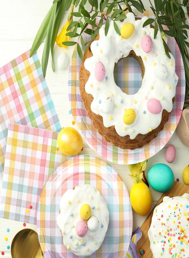 FYSUIMU 72 Pcs Easter Buffalo Plaid Tableware Set Retro Colorful Checkered Disposable Dinnerware Pastel Gingham Paper Plates and Napkins for 24 Guests Spring Birthday Party Table Supplies - Image 5
