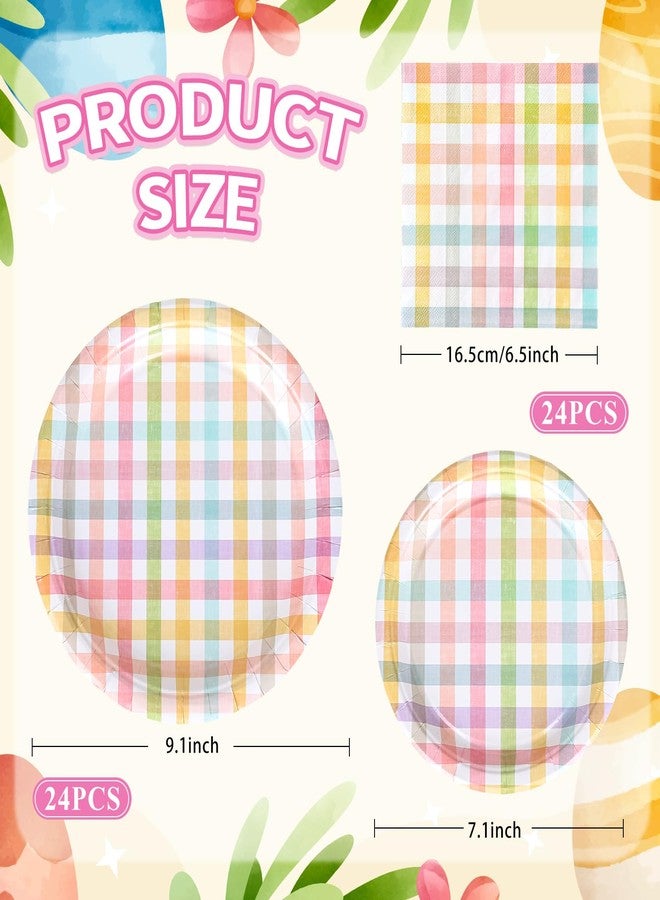 FYSUIMU 72 Pcs Easter Buffalo Plaid Tableware Set Retro Colorful Checkered Disposable Dinnerware Pastel Gingham Paper Plates and Napkins for 24 Guests Spring Birthday Party Table Supplies - Image 2