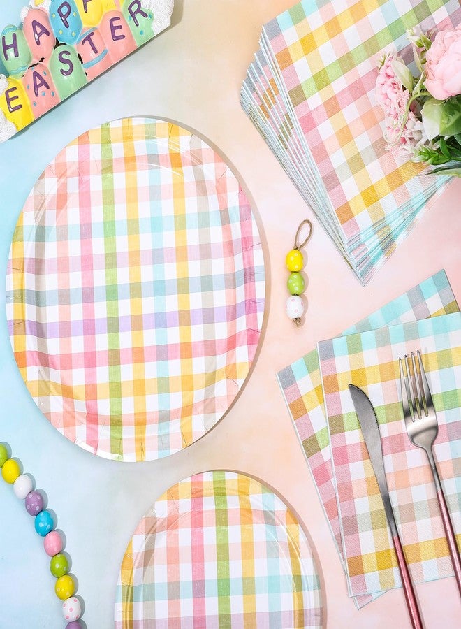 FYSUIMU 72 Pcs Easter Buffalo Plaid Tableware Set Retro Colorful Checkered Disposable Dinnerware Pastel Gingham Paper Plates and Napkins for 24 Guests Spring Birthday Party Table Supplies - Image 3