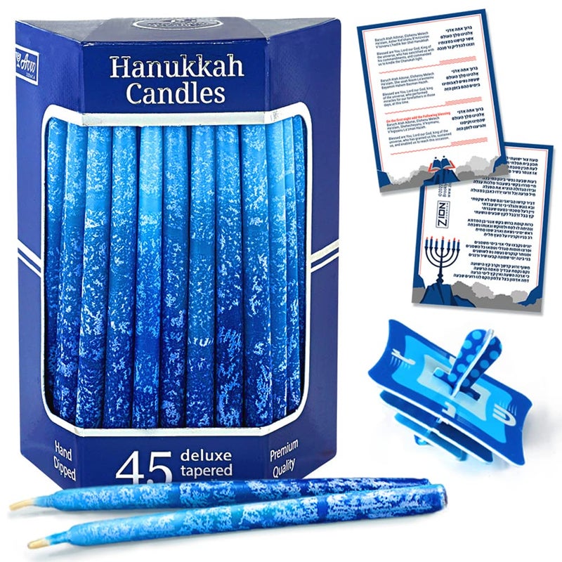 Aviv Judaica Premium Dripless Hanukkah Candles Multi Blues Frosted Thin Tapered Chanukah Candle Set of 45 Enough for Eight Nights of Hanukah Includes a DIY Dreidel Prayer Card with Chanukah Song  Aviv Judaica