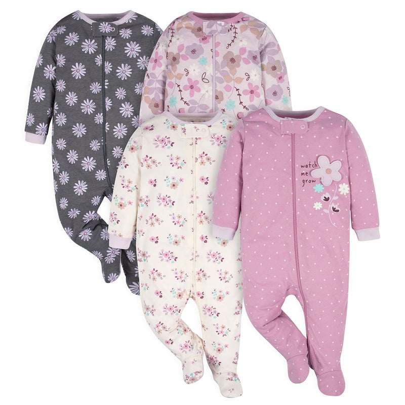 Gerber Baby Girls 4 Pack 'N Play Footie And Toddler Sleepers, Lavender Garden, Newborn US - Image 1