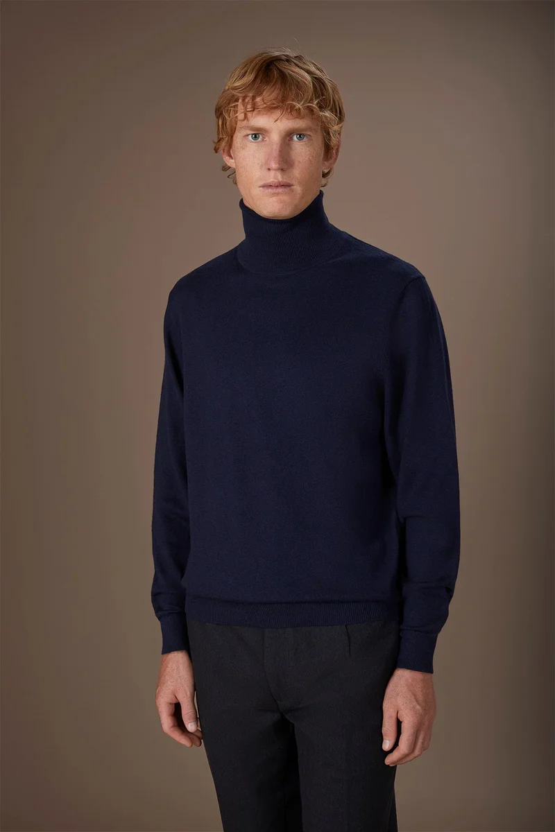 Doppelganger Men's regular fit high neck jumper in wool and cotton - DK Blue