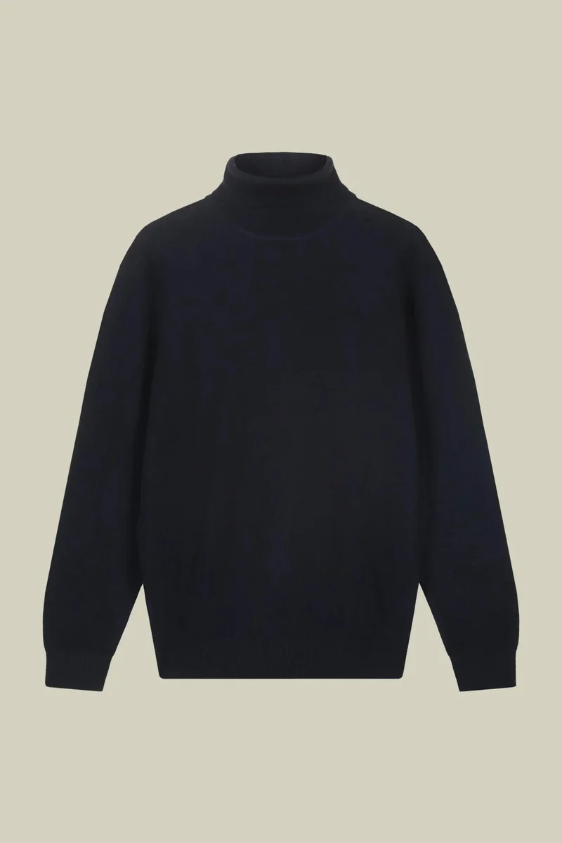 Doppelganger Men's regular fit high neck jumper in wool and cotton - DK Blue
