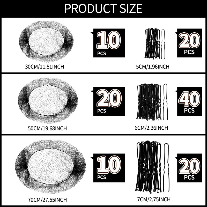 Teenitor Invisible Elastic Hair Nets with Bobby Pins for Ballerina Buns - 40 Black Nets (12, 20, 28 Inch) and 80 Pins - Image 2