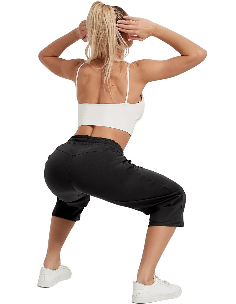 SPECIALMAGIC Women Capri Pants Cotton Yoga Wide Leg Pajama Pants Capris Sweatpants Sports Black X-Large - Image 3
