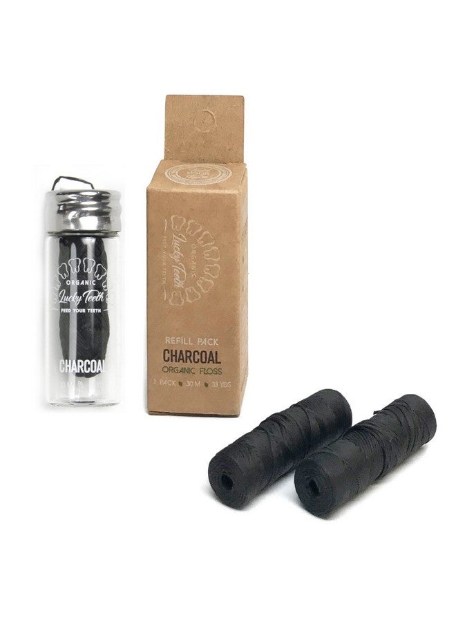 Lucky Teeth Organic Bamboo Fibre With Activated Charcoal Floss In Glass Jar + Refills With Tea Tree And Peppermint Essential Oils 90 M / 99 Yds Total By Lucky Teeth (1+2 Pack) 