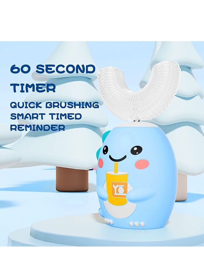 U Shaped Electric Toothbrush For Kids with 4 Brush Heads, Sonic Toothbrush with 5 Modes, Cartoon Dinosaur 360-Degree Cleaning IPX7 Waterproof Design (Blue) - Image 3