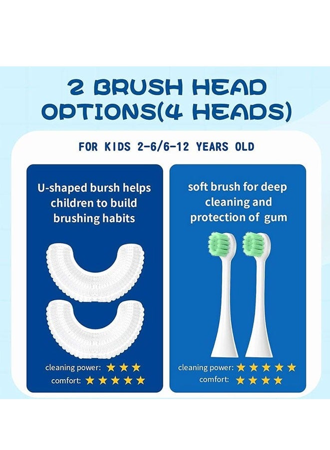 U Shaped Electric Toothbrush For Kids with 4 Brush Heads, Sonic Toothbrush with 5 Modes, Cartoon Dinosaur 360-Degree Cleaning IPX7 Waterproof Design (Blue) - Image 4