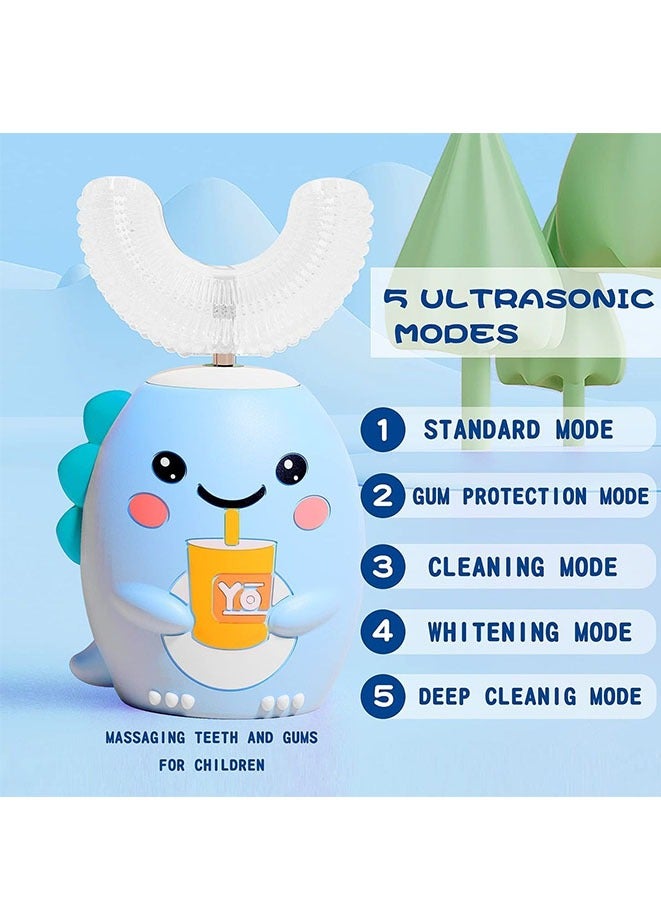 U Shaped Electric Toothbrush For Kids with 4 Brush Heads, Sonic Toothbrush with 5 Modes, Cartoon Dinosaur 360-Degree Cleaning IPX7 Waterproof Design (Blue) - Image 2