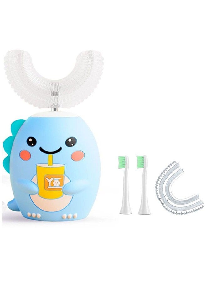 U Shaped Electric Toothbrush For Kids with 4 Brush Heads, Sonic Toothbrush with 5 Modes, Cartoon Dinosaur 360-Degree Cleaning IPX7 Waterproof Design (Blue) - Image 1