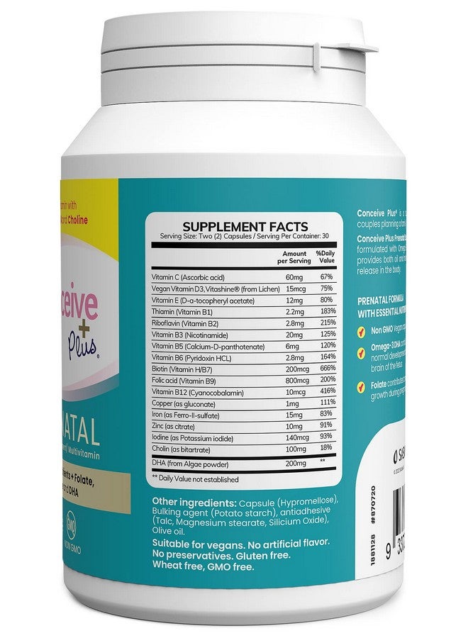 Conceive Plus فيتامينات ما قبل الولادة DHA كولين + حمض الفوليك للحمل الصحي غير معدلة وراثيًا 30 يومًا إمداد 60 كبسولة - Image 3
