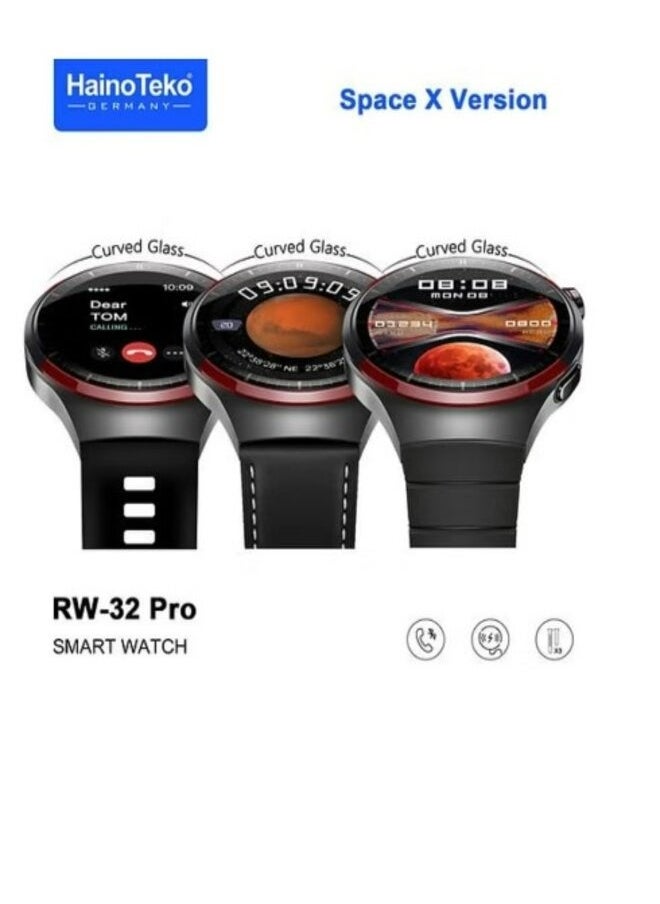 RW32 Pro Space X Version Round Shape Curved Display Smart Watch With 3 Pair Straps and Wireless Charger Designed For Mens and Boys Black