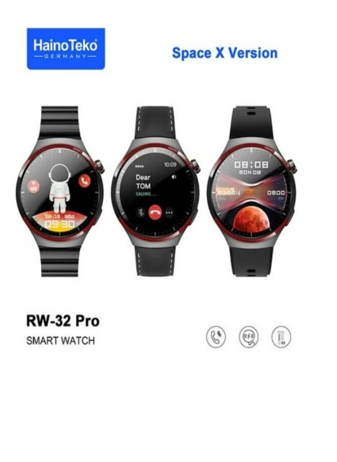 RW32 Pro Space X Version Round Shape Curved Display Smart Watch With 3 Pair Straps and Wireless Charger Designed For Mens and Boys Black