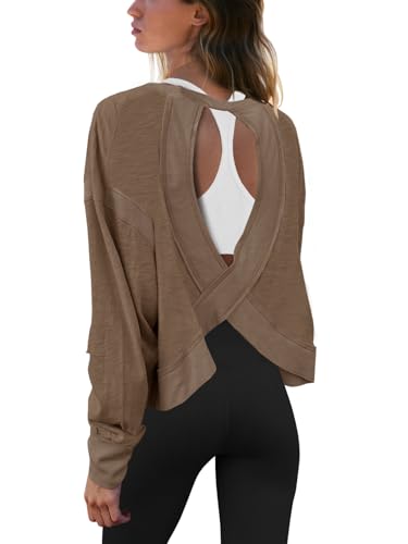 Panadila Womens Open Back Workout Top Long Sleeve Yoga Shirts Thumbhole Tee Shirts Casual Crop Y2kCoffeeS - Image 1