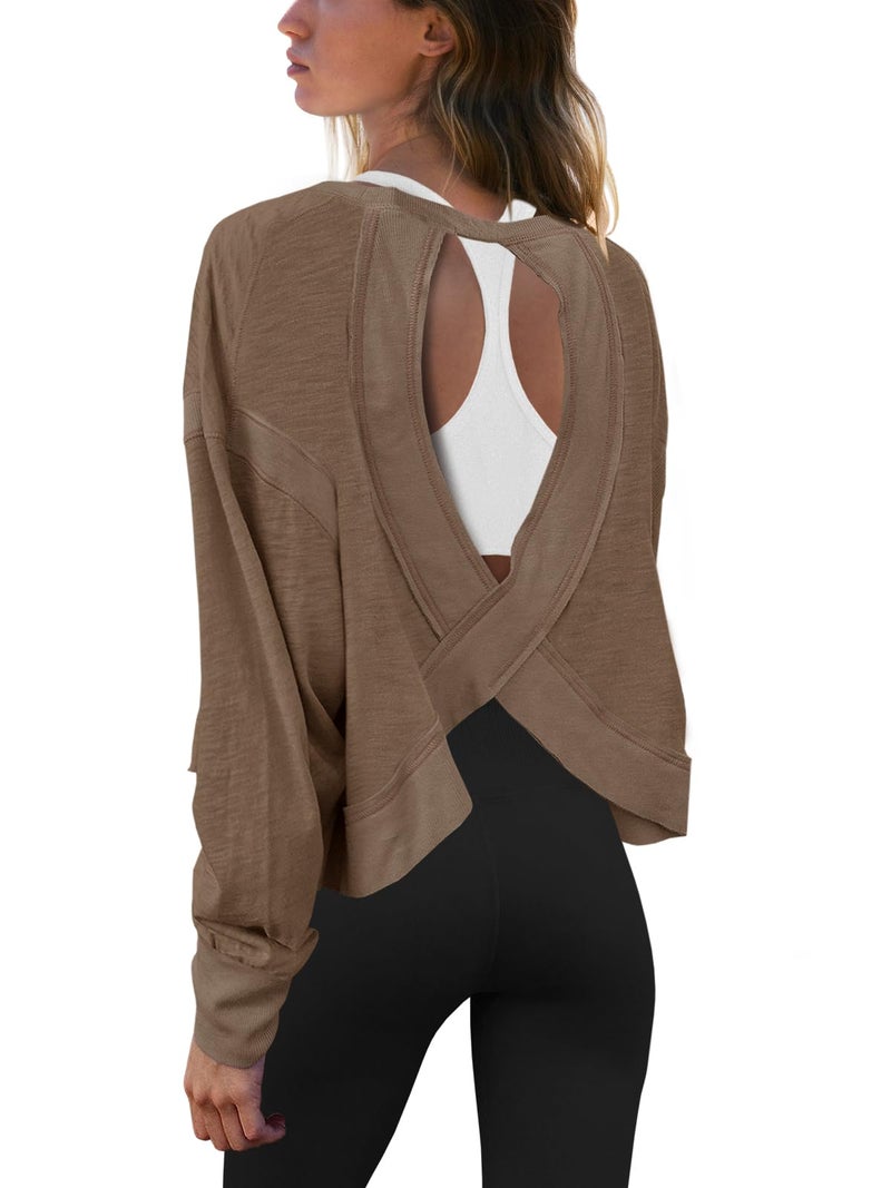 Panadila Womens Open Back Workout Top Long Sleeve Yoga Shirts Thumbhole Tee Shirts Casual Crop Y2kCoffeeS - Image 2