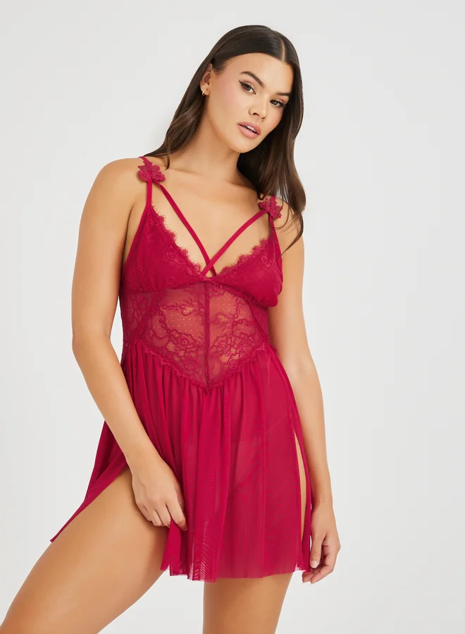 تايك تو Take Two Lace Mesh Double Slit Asymmetric Hem Babydoll