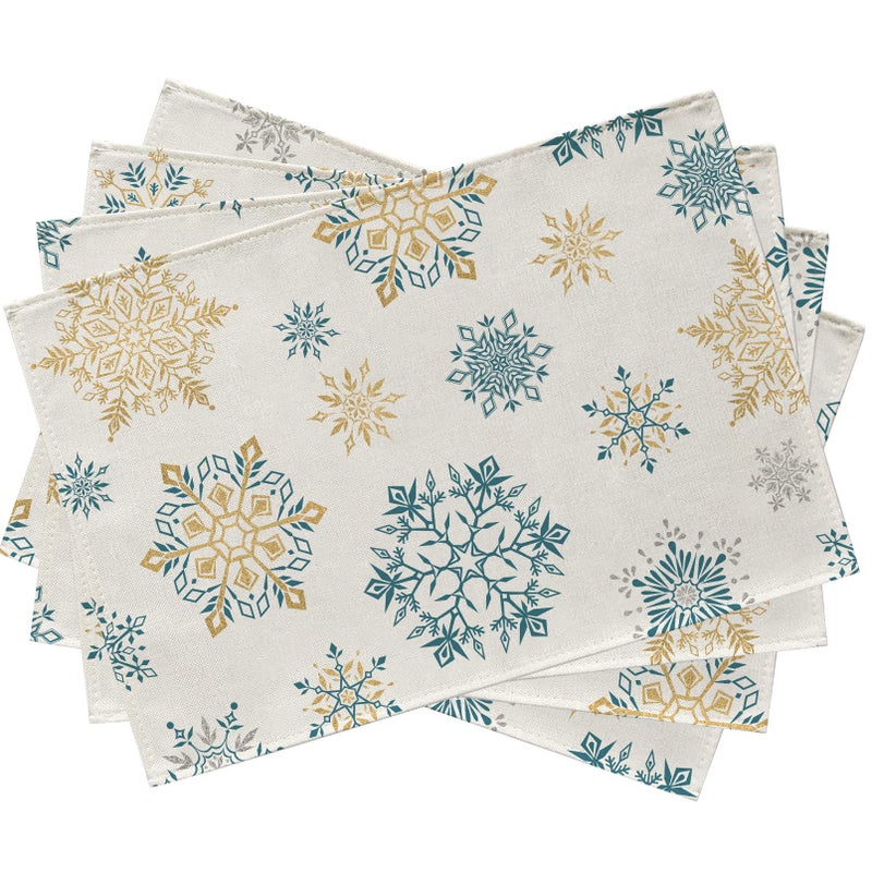 Seliem Seliem Winter Snowflakes Placemats Set of 4  Gold Blue Tabletop Dining Table Place Mats Home Kitchen Decor  Seasonal Farmhouse Rustic Christmas Holiday Decoration 12 x 18 Inch  - Image 1