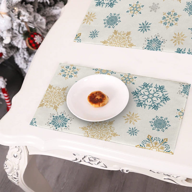 Seliem Seliem Winter Snowflakes Placemats Set of 4  Gold Blue Tabletop Dining Table Place Mats Home Kitchen Decor  Seasonal Farmhouse Rustic Christmas Holiday Decoration 12 x 18 Inch  - Image 4