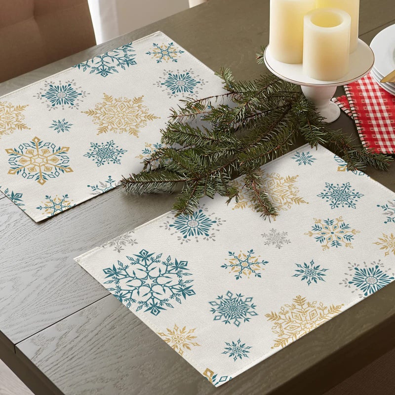 Seliem Seliem Winter Snowflakes Placemats Set of 4  Gold Blue Tabletop Dining Table Place Mats Home Kitchen Decor  Seasonal Farmhouse Rustic Christmas Holiday Decoration 12 x 18 Inch  - Image 5