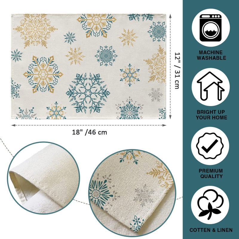 Seliem Seliem Winter Snowflakes Placemats Set of 4  Gold Blue Tabletop Dining Table Place Mats Home Kitchen Decor  Seasonal Farmhouse Rustic Christmas Holiday Decoration 12 x 18 Inch  - Image 2
