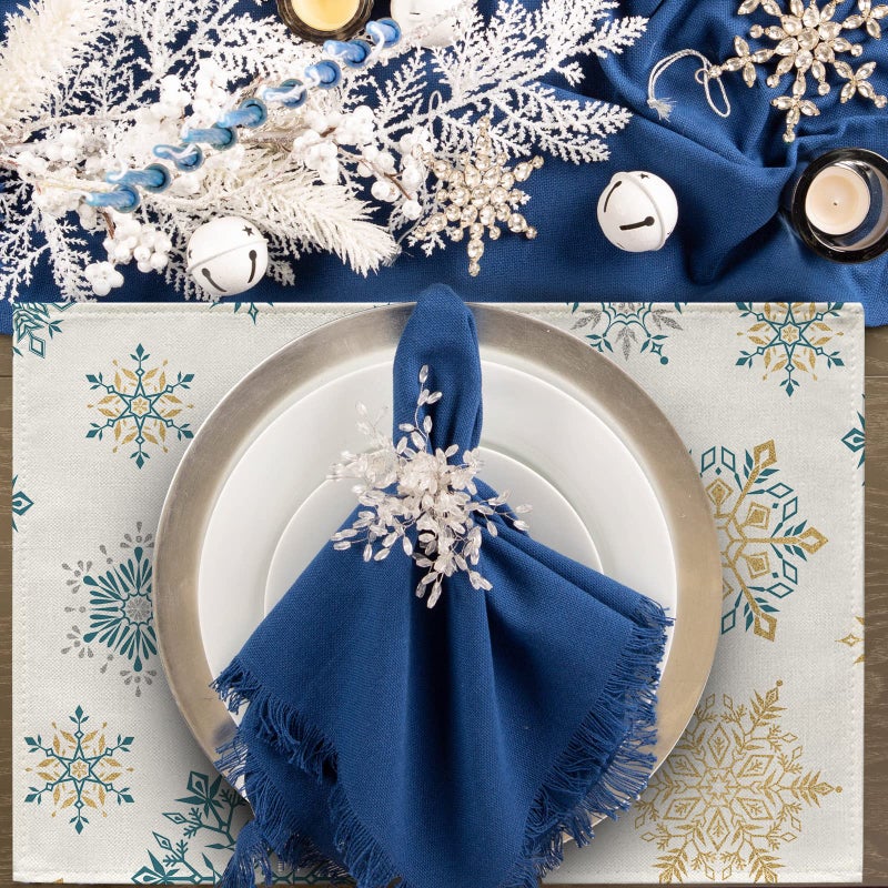 Seliem Seliem Winter Snowflakes Placemats Set of 4  Gold Blue Tabletop Dining Table Place Mats Home Kitchen Decor  Seasonal Farmhouse Rustic Christmas Holiday Decoration 12 x 18 Inch  - Image 3