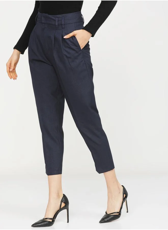 Tokyo Talkies Checked Pleat Detail Tapered Trousers with Pockets by Styli