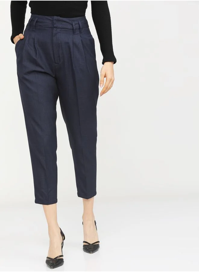 Tokyo Talkies Checked Pleat Detail Tapered Trousers with Pockets