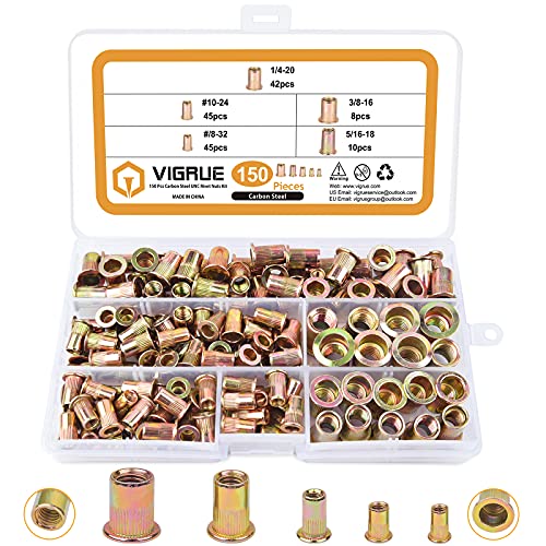 VIGRUE 150pcs #8-32#10-24 1/4"-20 5/16"-18 3/8"-16 Carbon Steel UNC Rivet Nuts Assortment Kit, Yellow Zinc Plated Finish, Flat Head Threaded Insert Nut Assort - Image 1