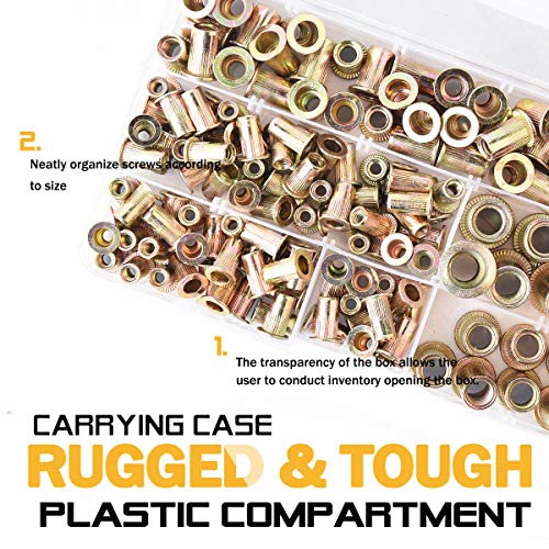 VIGRUE 150pcs #8-32#10-24 1/4"-20 5/16"-18 3/8"-16 Carbon Steel UNC Rivet Nuts Assortment Kit, Yellow Zinc Plated Finish, Flat Head Threaded Insert Nut Assort - Image 5