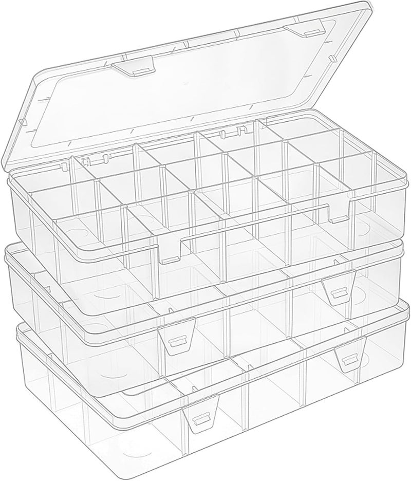 SGHUO 3 Pack 15 Grids Large Plastic Storage Organizer Box,15 Compartments with Dividers for Tackle Box, Beads, Washi Tape, Ribbon, Crafts, Art Supply 10.9X6.5X2.2inch - Image 1