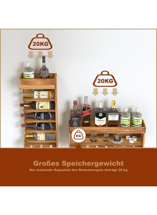 Wall-mounted wine rack made of charred wood, hanging bar rack, vintage spirits rack, wall-mounted rack for pub bottles, kitchenware, glasses. - Image 5