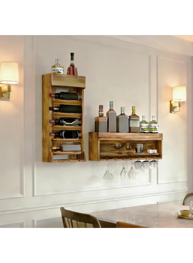 Wall-mounted wine rack made of charred wood, hanging bar rack, vintage spirits rack, wall-mounted rack for pub bottles, kitchenware, glasses. - Image 1