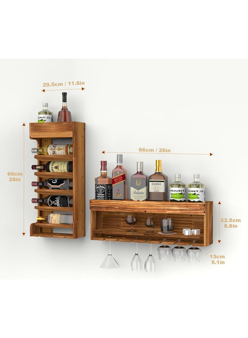 Wall-mounted wine rack made of charred wood, hanging bar rack, vintage spirits rack, wall-mounted rack for pub bottles, kitchenware, glasses. - Image 2