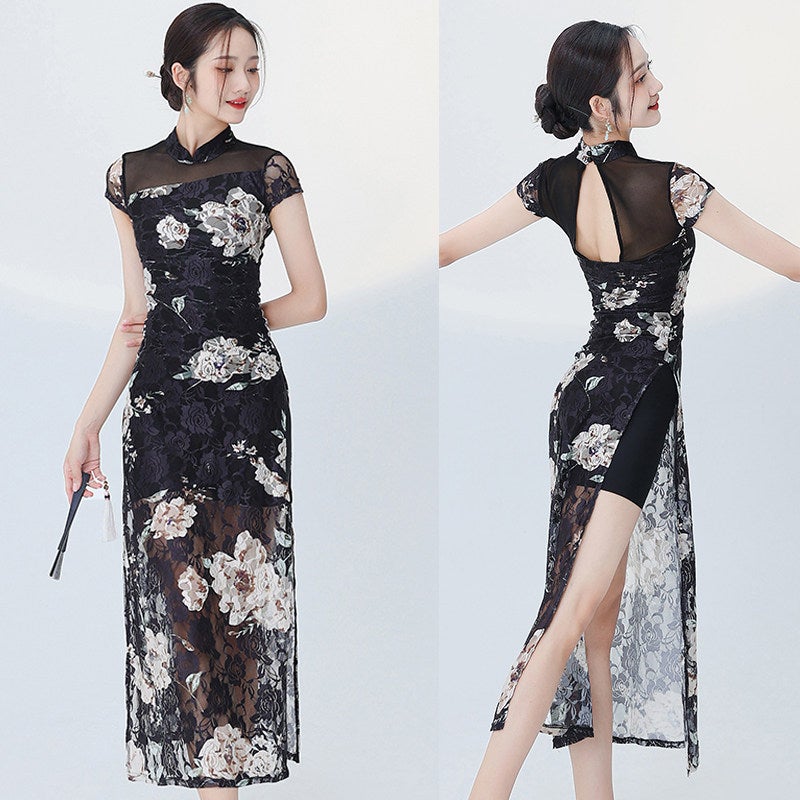 Modern classical dance qipao dance clothing temperament flower national style qipao skirt slit body rhyme ethnic style training clothes - Image 3